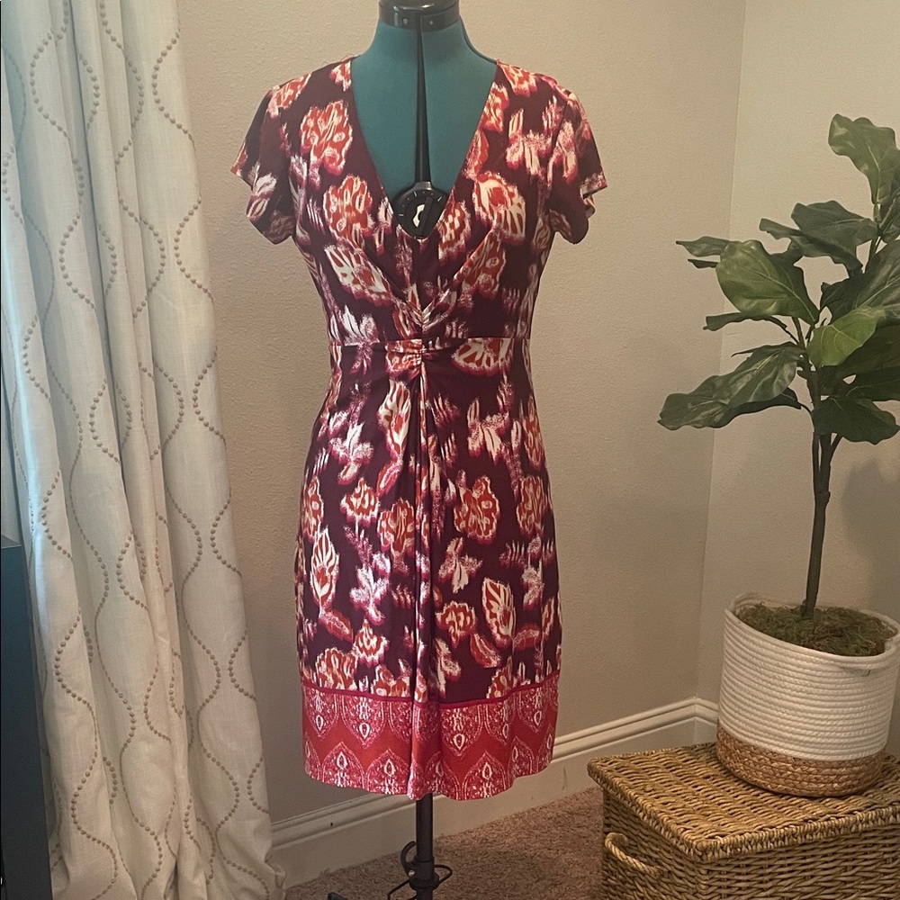 AA Studio Burgundy Orange and Red Floral Midi Dress Size 6